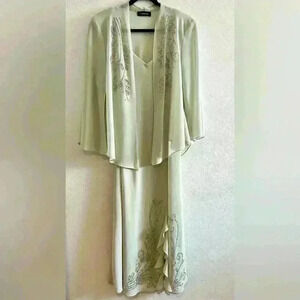R&M Richards 2 Piece Light Olive Green Chiffon Strap Dress and Top Size 16